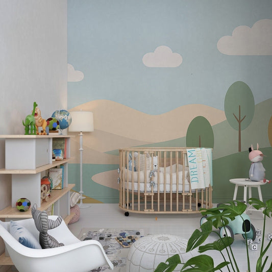 Kids-Mundo winding path wall mural with soft hills in a child's neutral bedroom