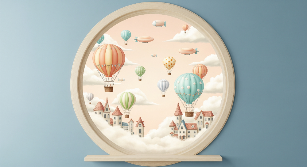 Round Window Hot Air Balloon Village Wall Mural