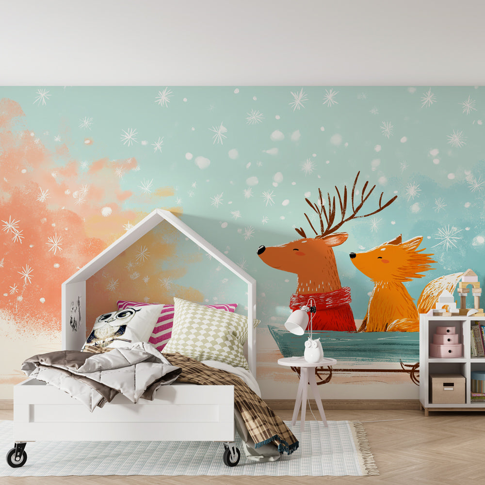 Reindeer fox sleigh mural wallpaper creating magical winter atmosphere in kids bedroom