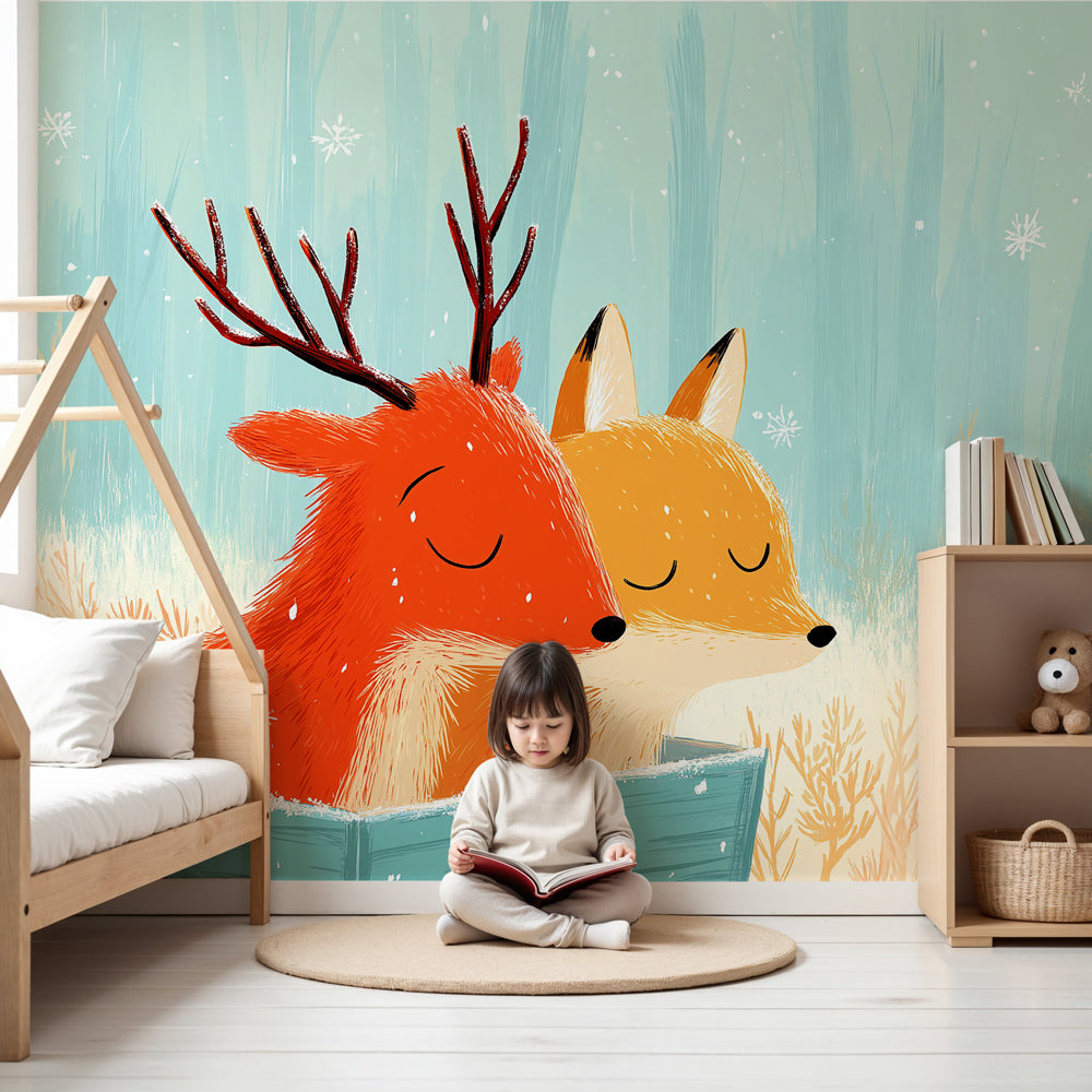 Winter animals mural wallpaper with fox and deer in cozy nursery room by Kids-Mundo