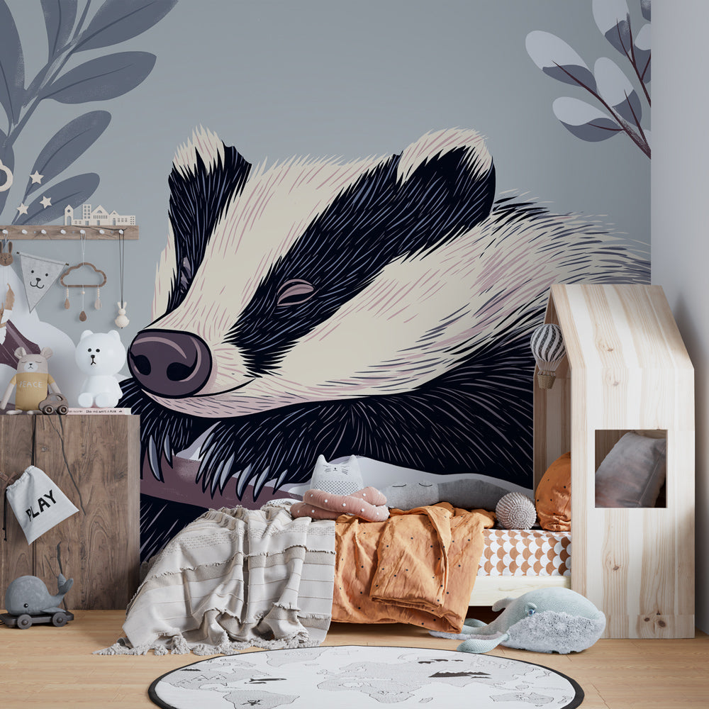 Peaceful badger forest wallpaper creating serene atmosphere in children's bedroom decor