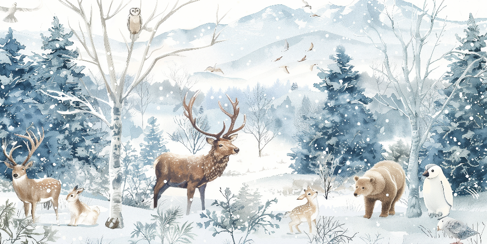 Kids-Mundo flat artwork preview of the snowy forest animals wall mural in soft blue tones.