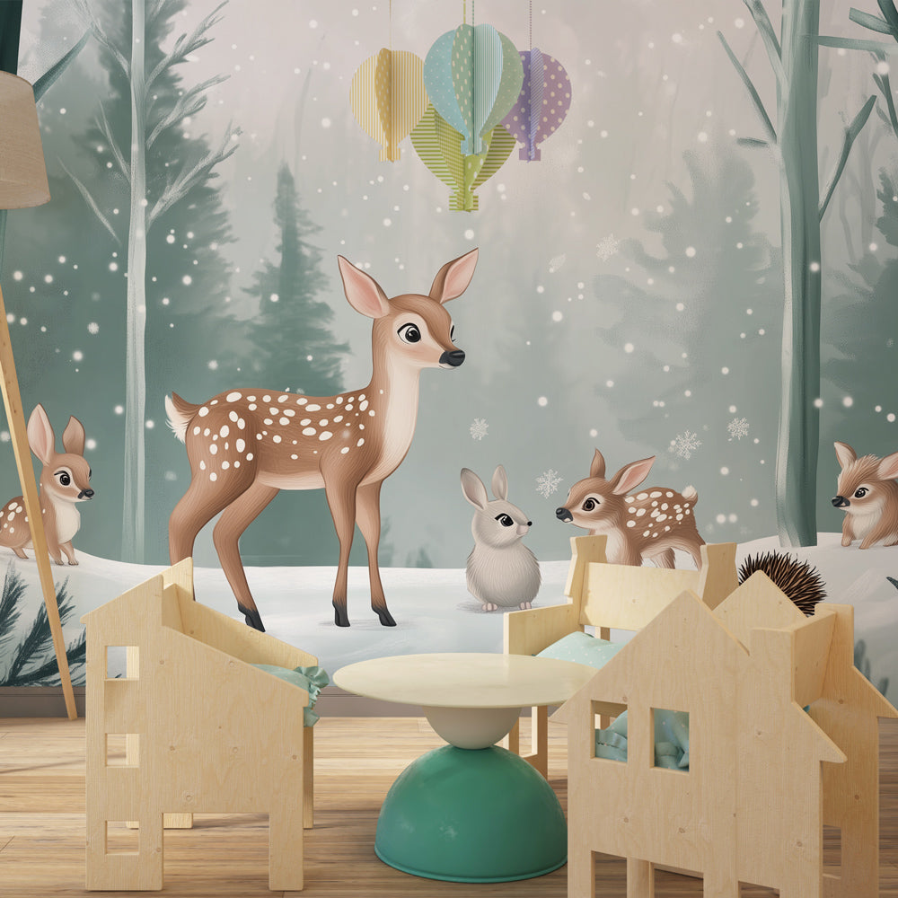 Woodland animal mural wallpaper featuring deer and forest friends for baby room by Kids-Mundo
