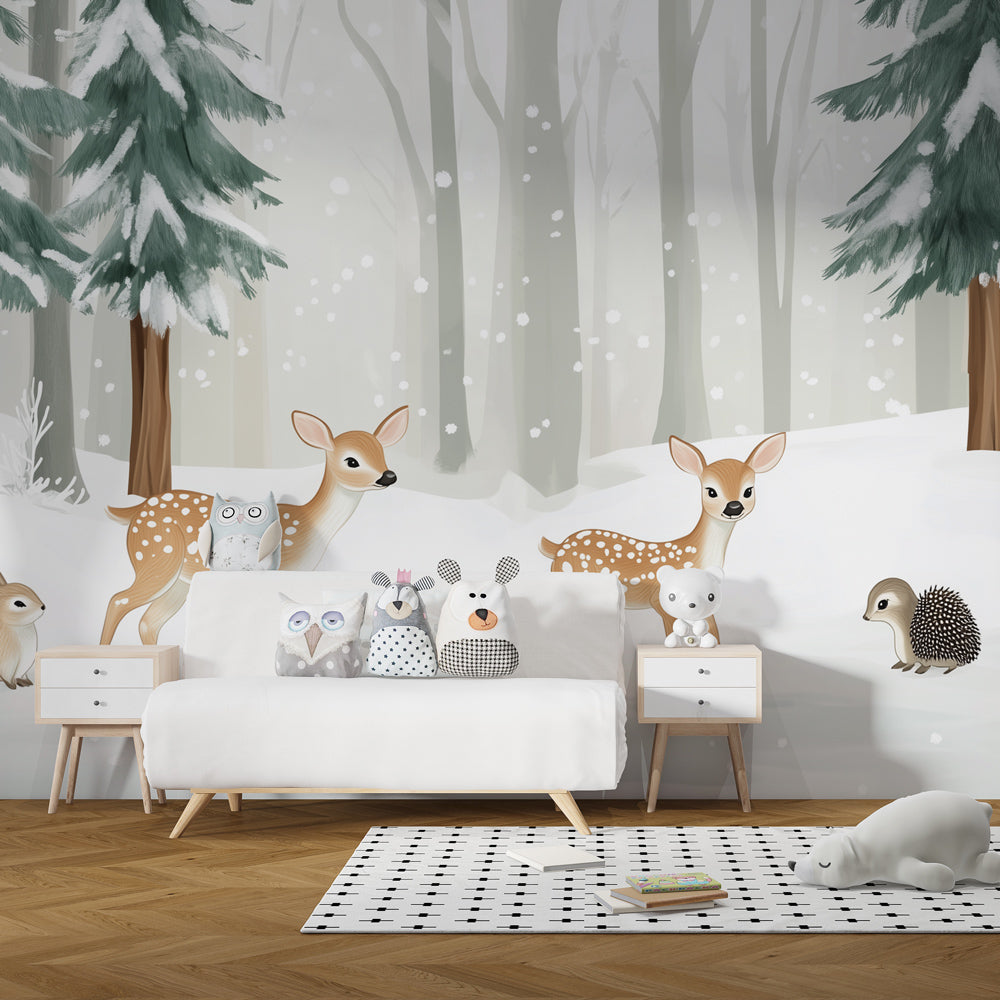 Woodland deer mural wallpaper creating magical winter atmosphere in children's bedroom