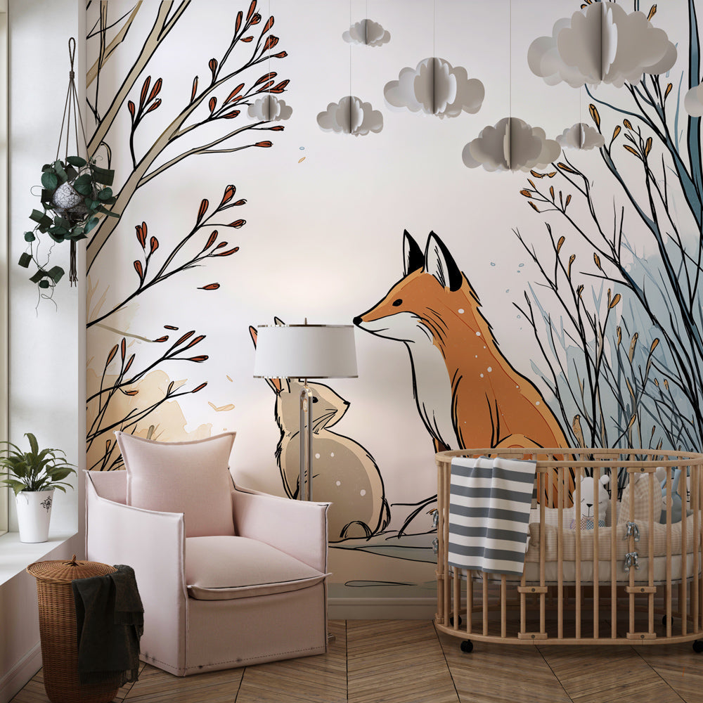 Woodland animals mural wallpaper creating magical winter atmosphere in children's bedroom