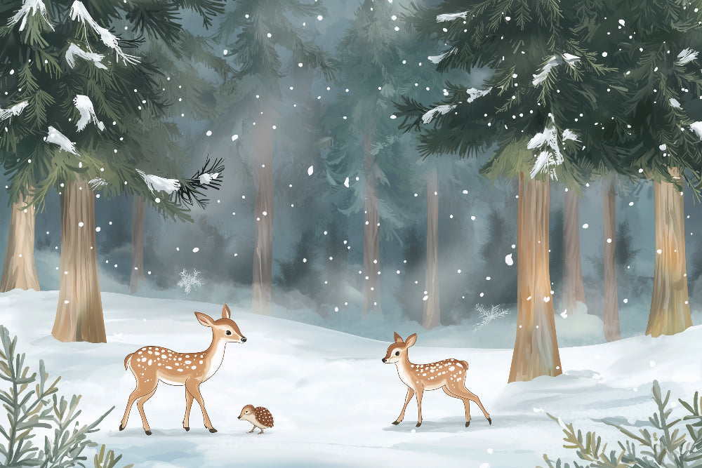 Detailed winter forest mural wallpaper design pattern with fawns and snowflakes by Kids-Mundo