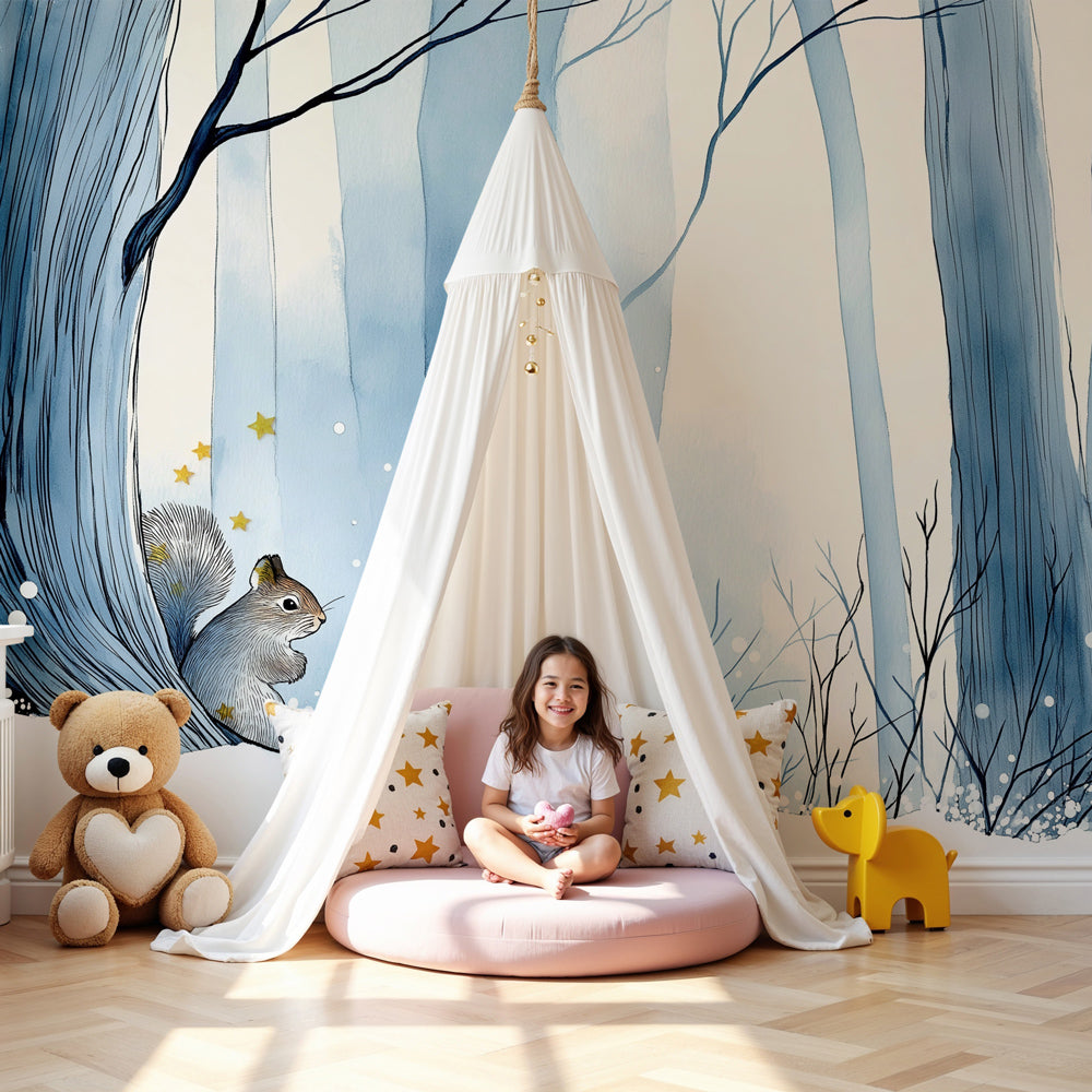 Winter forest mural wallpaper with curious squirrel creating peaceful nursery atmosphere by Kids-Mundo