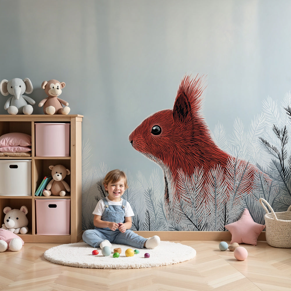 Winter forest squirrel mural wallpaper in modern kids nursery by Kids-Mundo