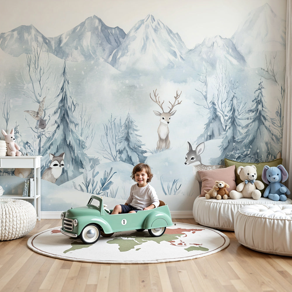 Winter forest mural wallpaper with Nordic animals in cozy children's nursery by Kids-Mundo