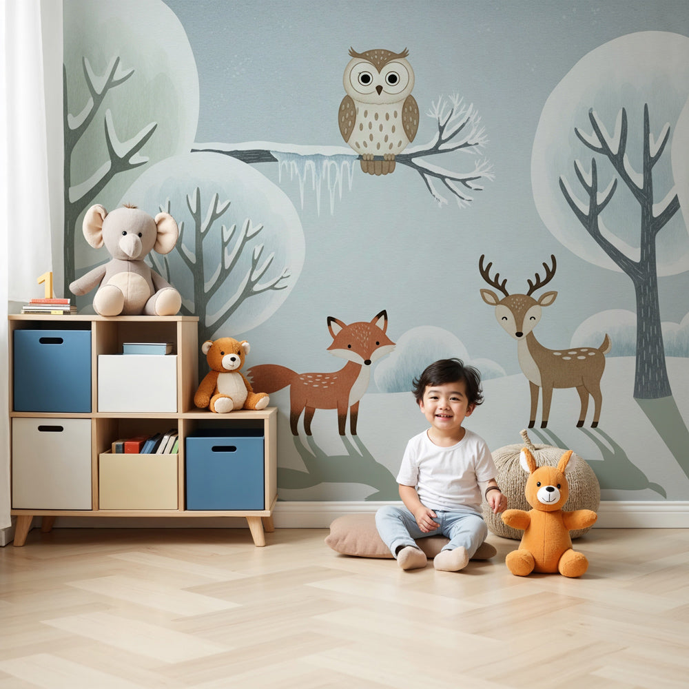 Winter forest mural wallpaper with woodland animals in modern nursery by Kids-Mundo