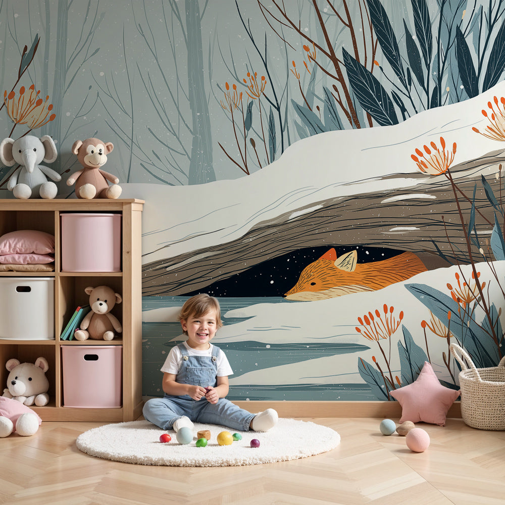 Winter fox mural wallpaper in cozy nursery setting with natural wood furniture by Kids-Mundo