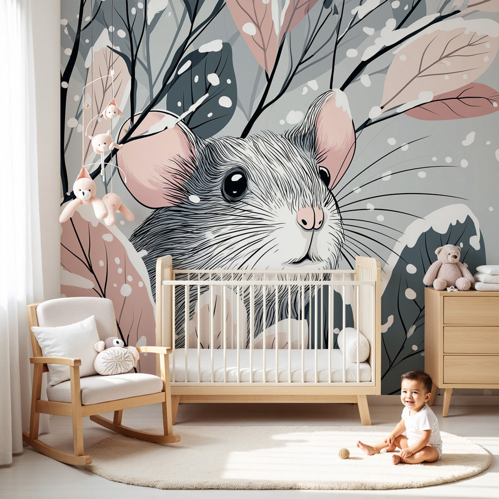 Winter mouse mural wallpaper in cozy children's nursery with natural wood furniture by Kids-Mundo