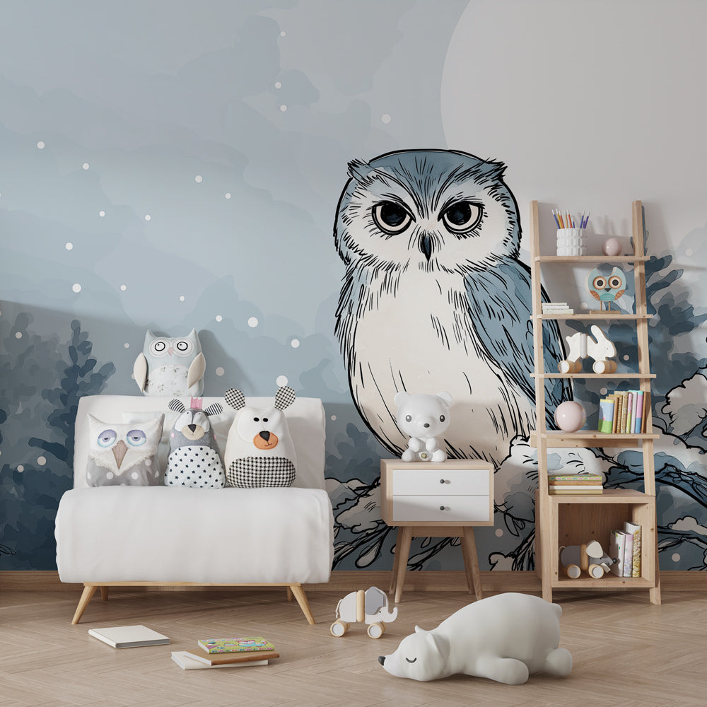 Peaceful owl wallpaper creating winter wonderland atmosphere in kids bedroom