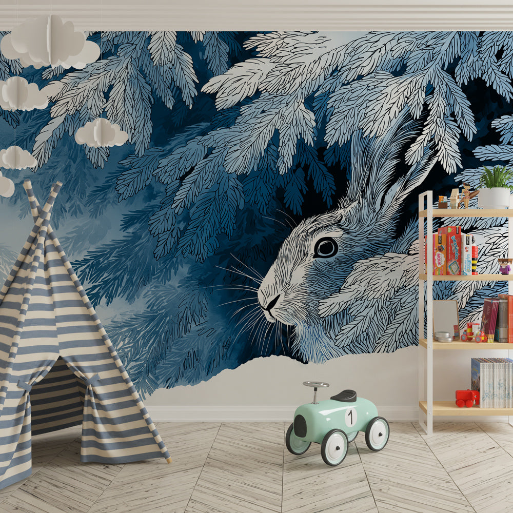 Snowy forest rabbit wallpaper creating peaceful atmosphere in children's bedroom by Kids-Mundo