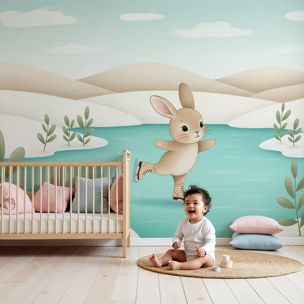 Winter rabbit ice skating mural wallpaper in modern nursery with natural wood furniture by Kids-Mundo