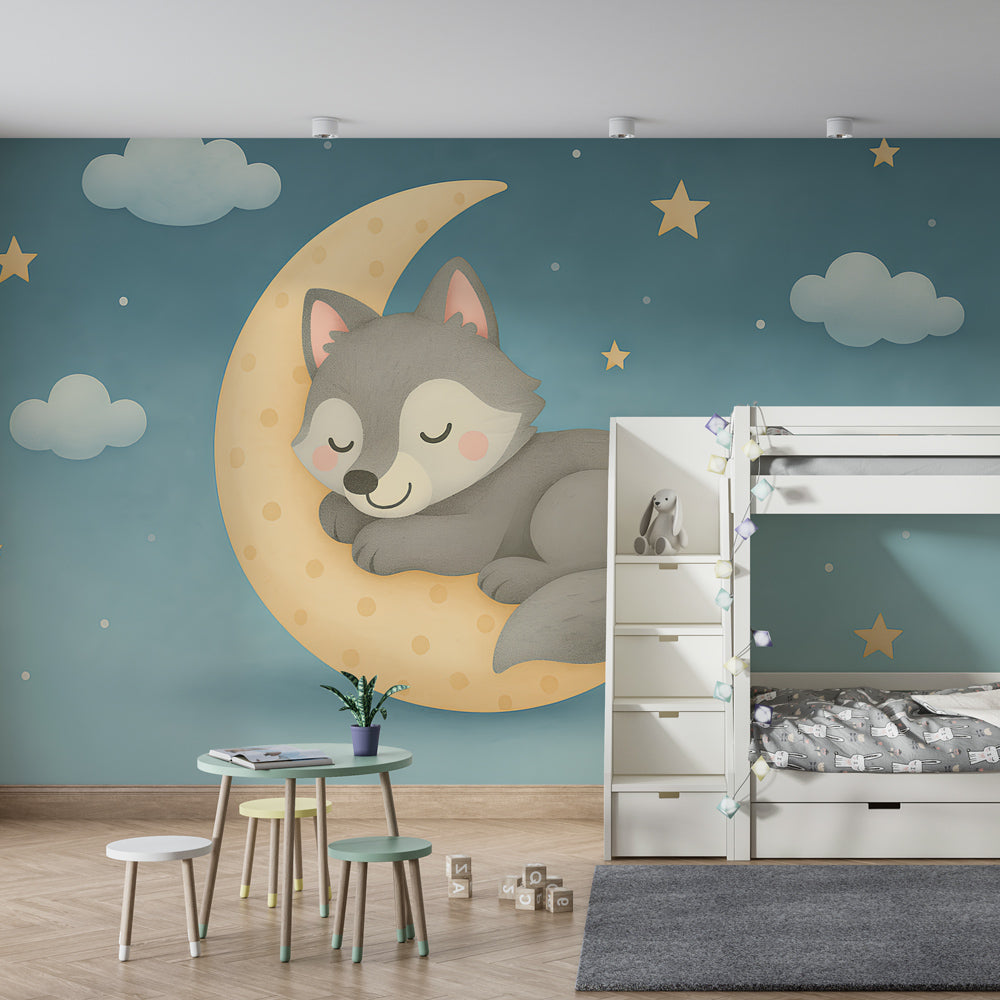 Children's bedroom featuring wolf moon wallpaper with starry night sky and dreamy blue tones