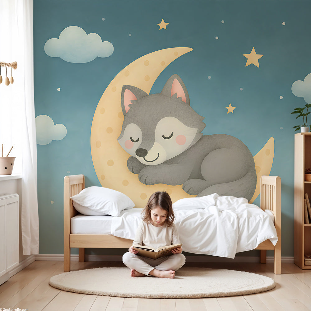 Wolf moon mural wallpaper in peaceful nursery setting with sleeping wolf on golden moon by Kids-Mundo