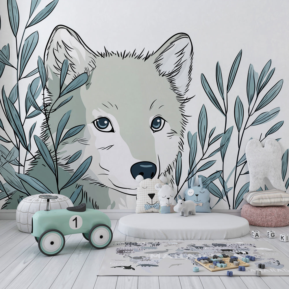 Gentle wolf mural wallpaper transforming kids bedroom into magical forest sanctuary