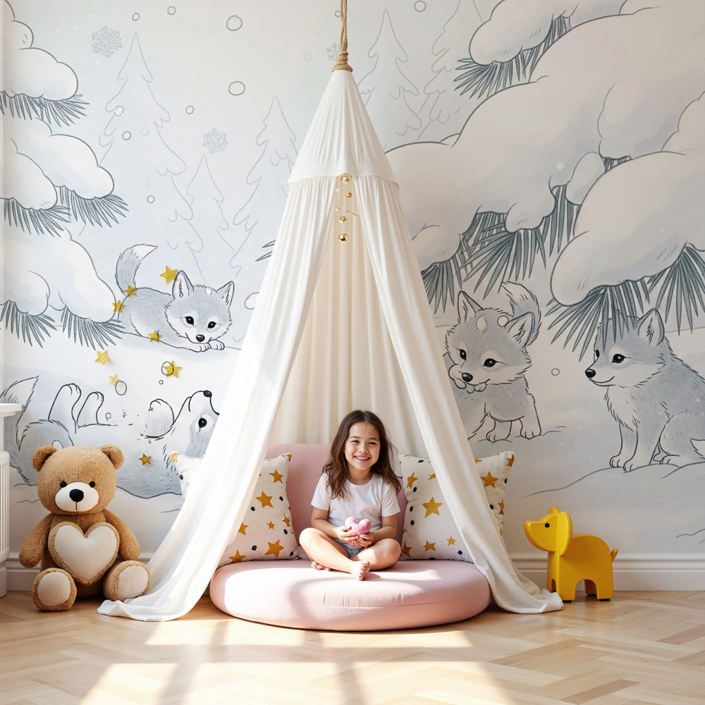 Wolf pups winter mural wallpaper in cozy kids nursery with snow forest theme by Kids-Mundo