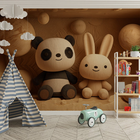 Kids-Mundo wooden toy wall mural covering a feature wall in a gender-neutral kids bedroom