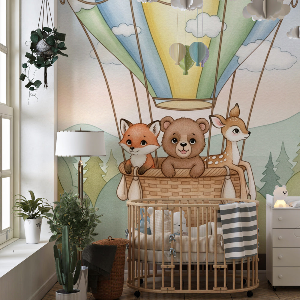 Woodland friends hot air balloon wallpaper creating magical children's bedroom decor