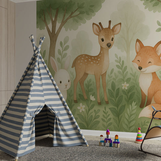 Kids-Mundo woodland wall mural with a rabbit, bear cub and fox in a child's bedroom