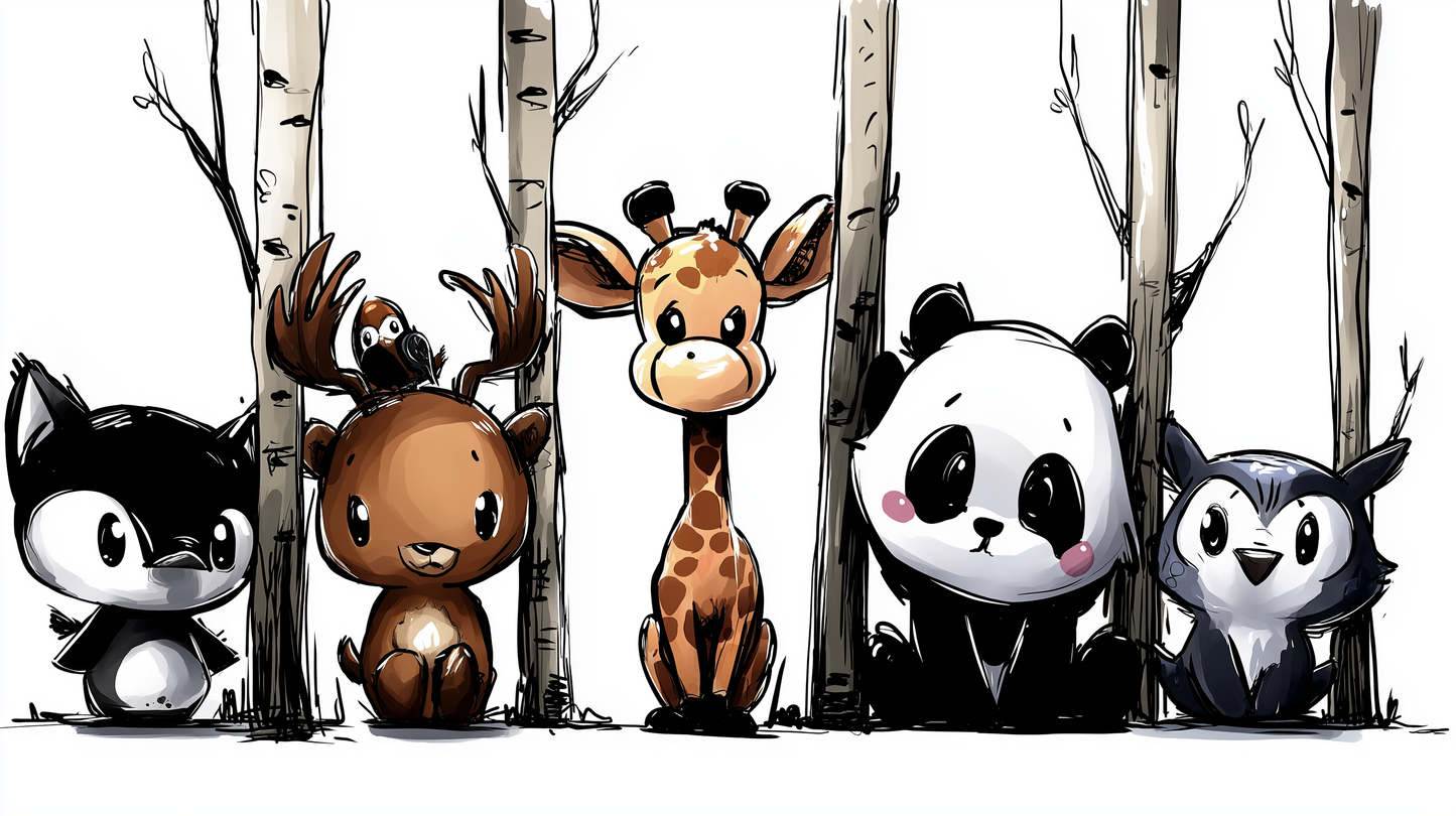 Kids-Mundo flat artwork of woodland animal friends including a fox, bear, giraffe and panda