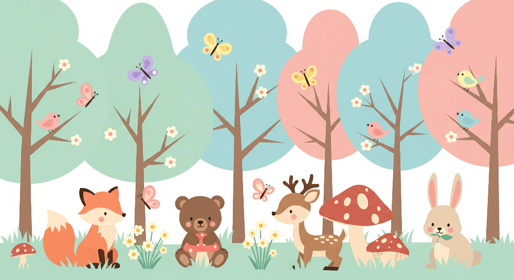 Woodland Animals and Pastel Trees Wall Mural
