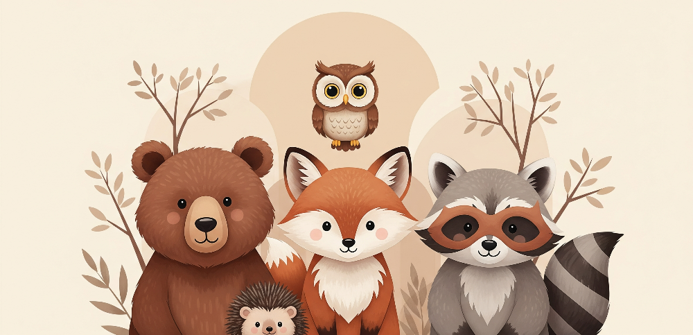 Kids-Mundo flat artwork preview of the woodland animal portrait wall mural with bear, fox and owl