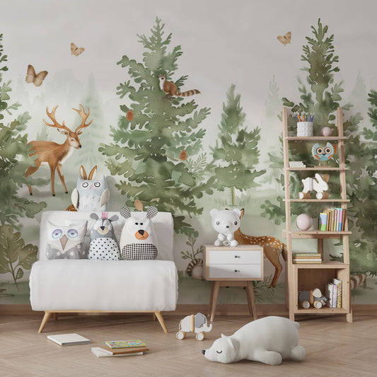 Watercolour forest wall mural with deer and fox styled on a kids bedroom wall, Kids-Mundo