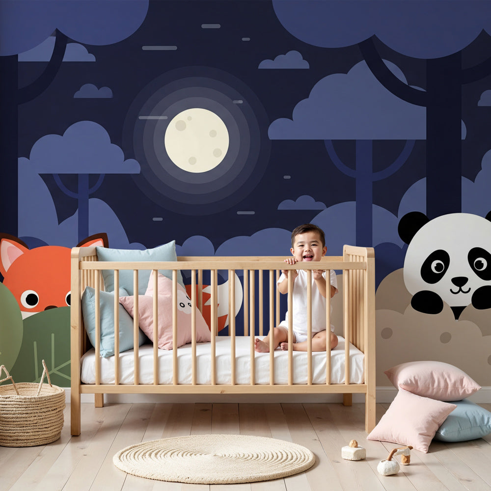 Woodland animals mural wallpaper creating magical moonlit nursery decor by Kids-Mundo