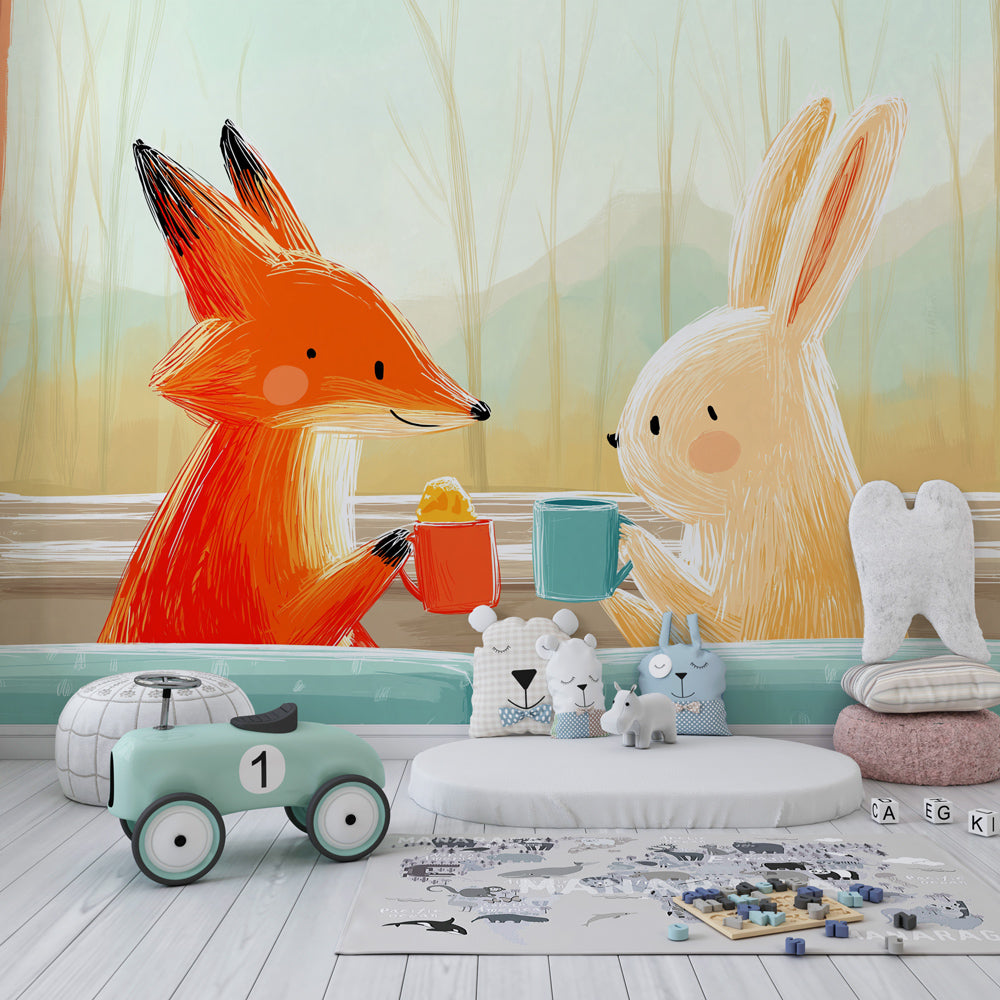 Fox and rabbit animal wallpaper creating cozy atmosphere in children's bedroom