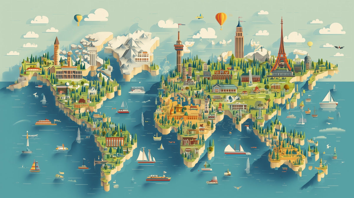 World Map with Hot Air Balloons and Landmarks Wall Mural