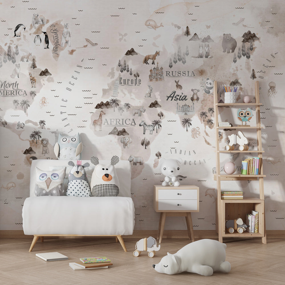 Educational world map wallpaper creating inspiring learning environment in kids bedroom decor