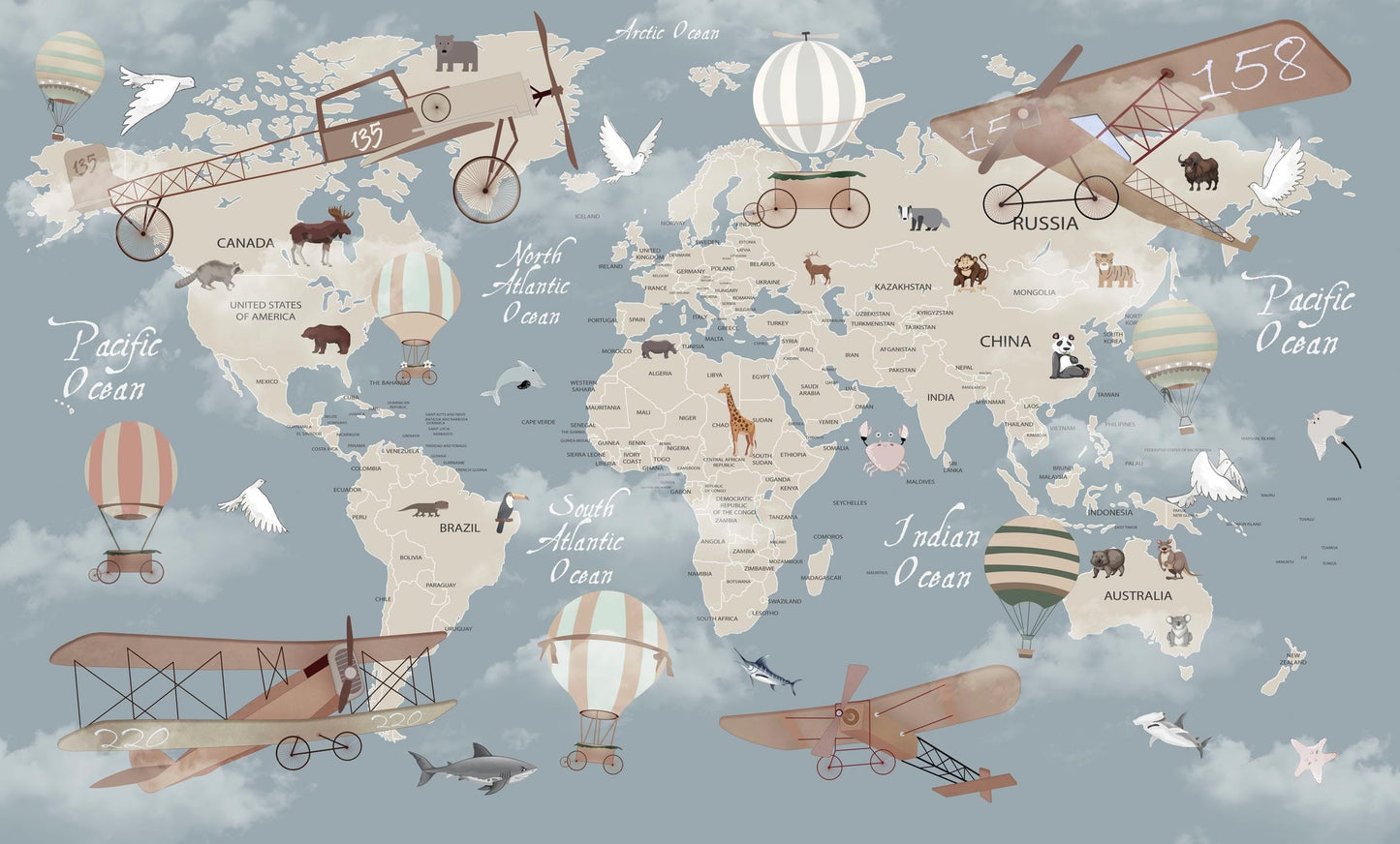 Detailed vintage world map mural wallpaper design pattern with animals and hot air balloons by Kids-Mundo