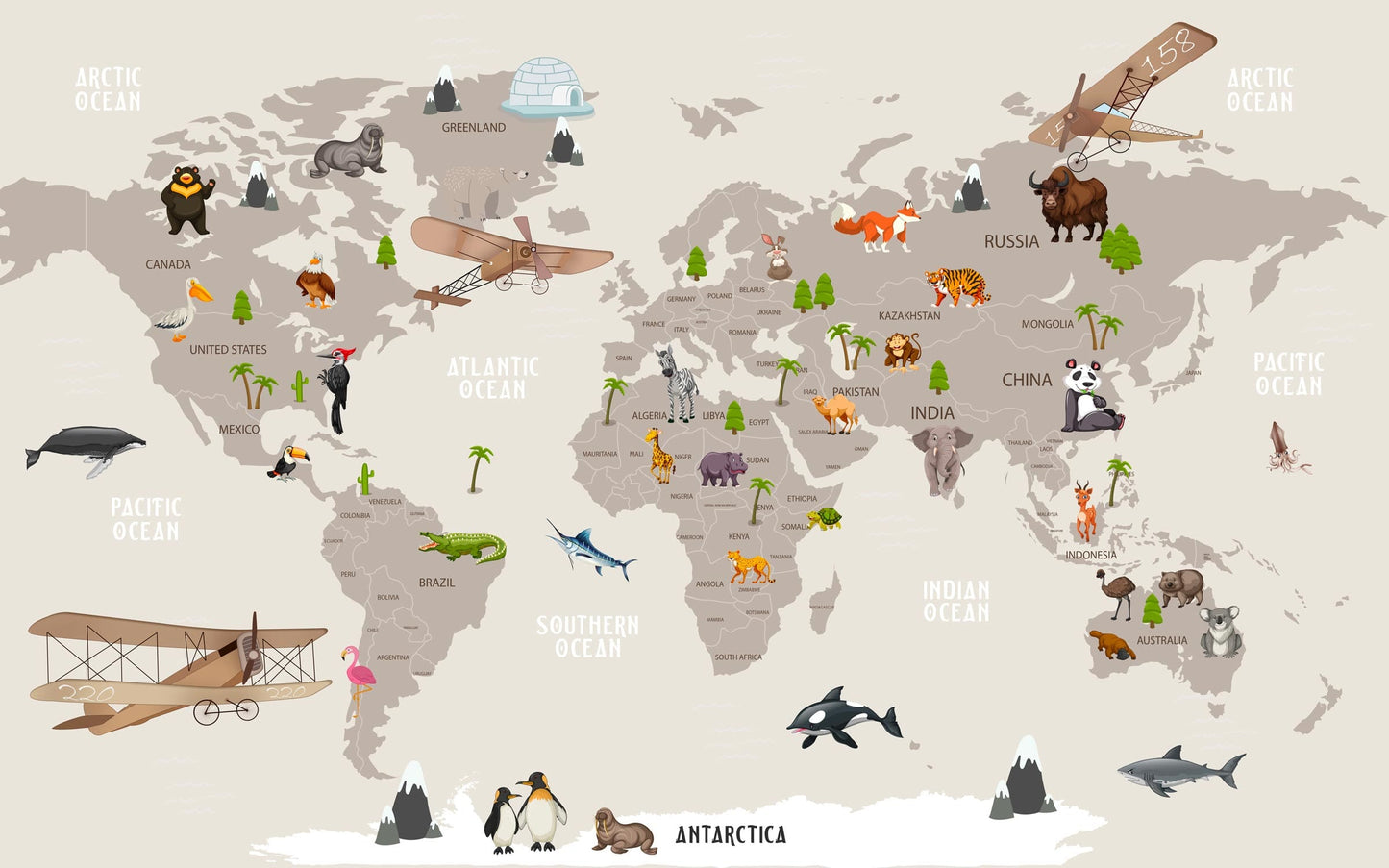 Detailed world map mural wallpaper design pattern with animals and natural landscapes by Kids-Mundo