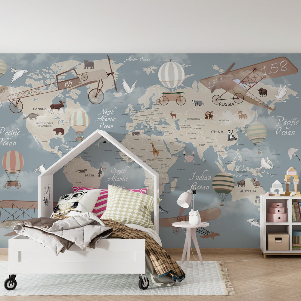 Educational world map wallpaper creating adventurous kids bedroom decor with vintage aircraft theme