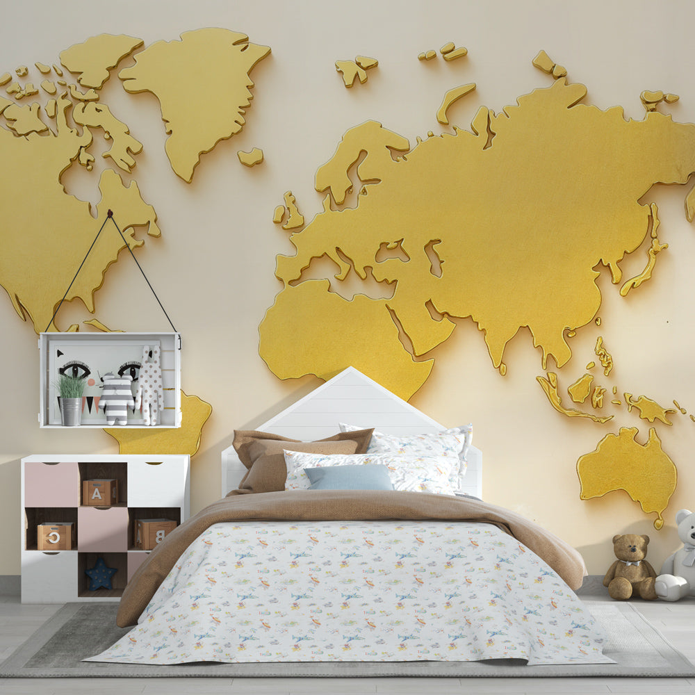 Educational world map wallpaper creating sophisticated nursery atmosphere with golden tones