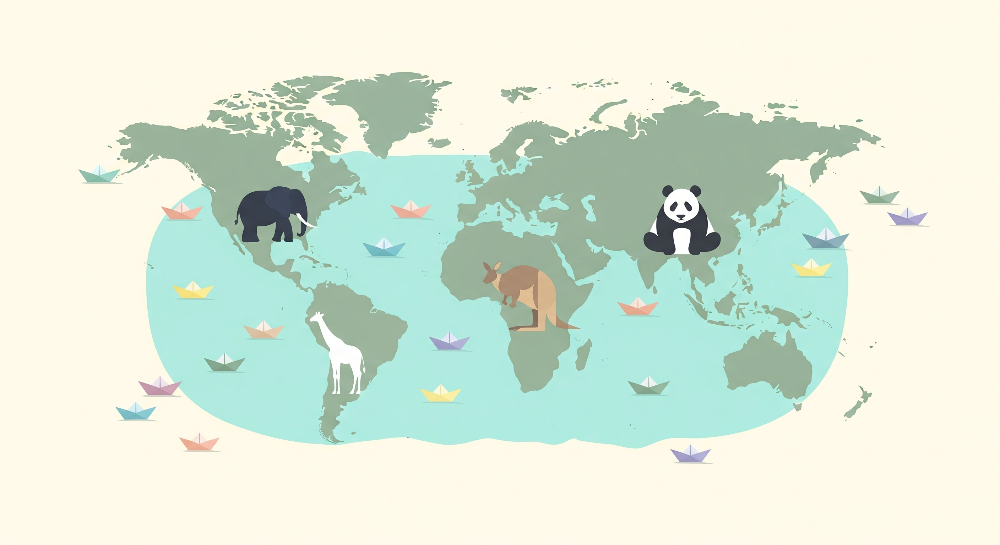 Kids-Mundo flat artwork of a world map mural with elephant, panda and giraffe
