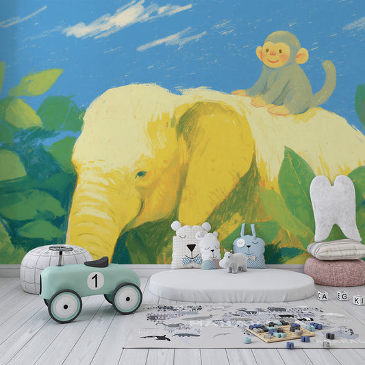 Kids-Mundo elephant and monkey jungle mural styled in a child's bedroom
