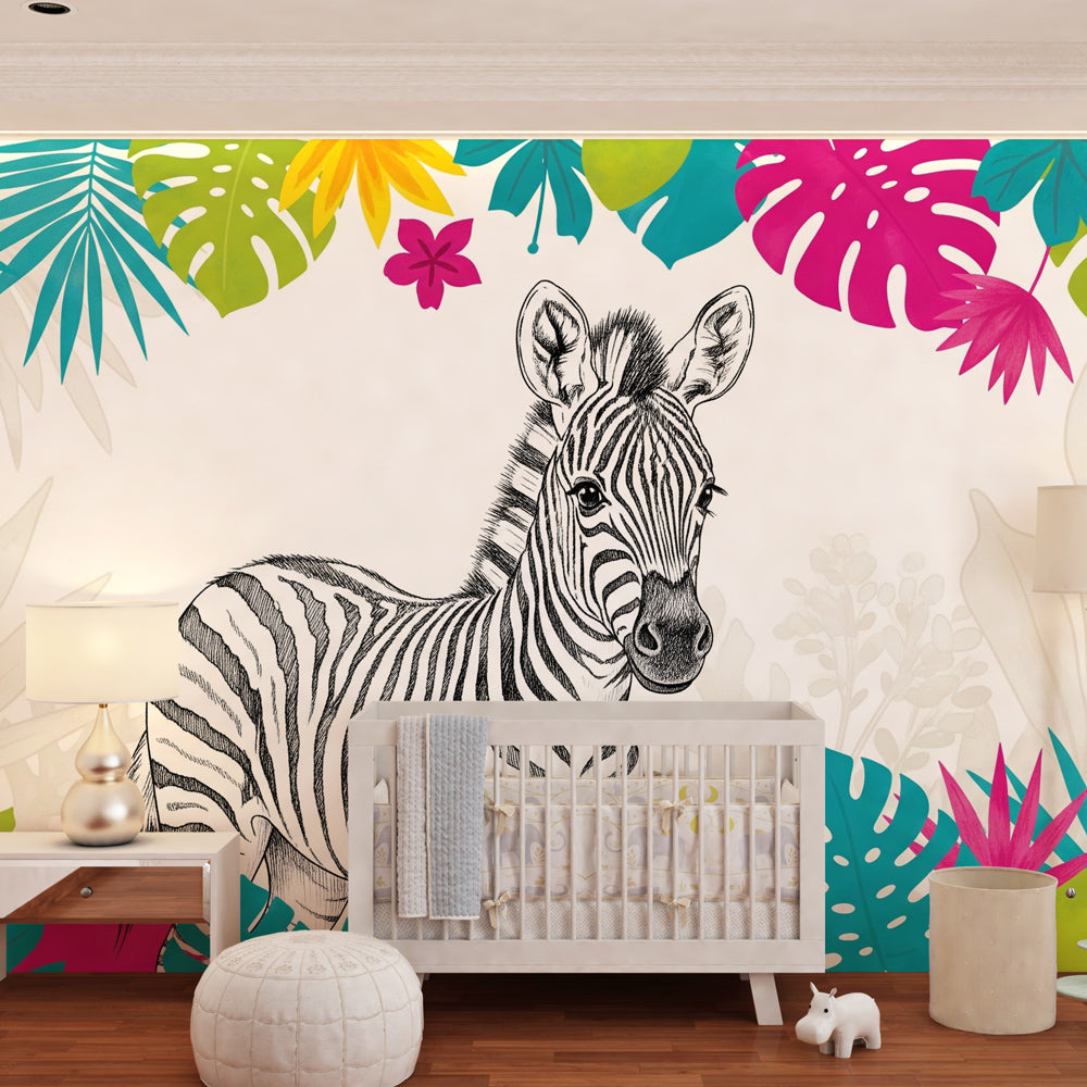 Tropical zebra wallpaper transforming kids bedroom into colorful jungle adventure space