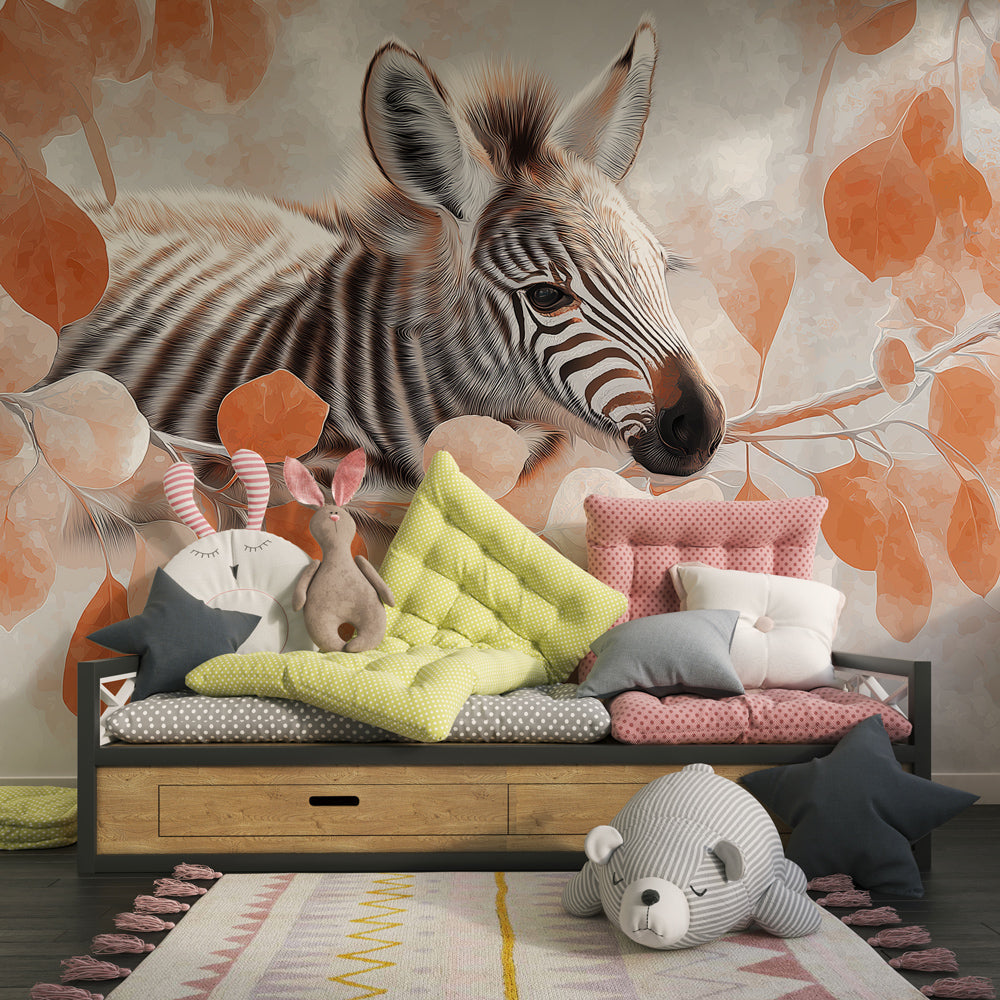 Zebra and botanical leaves mural wallpaper transforming children's bedroom into gentle safari retreat