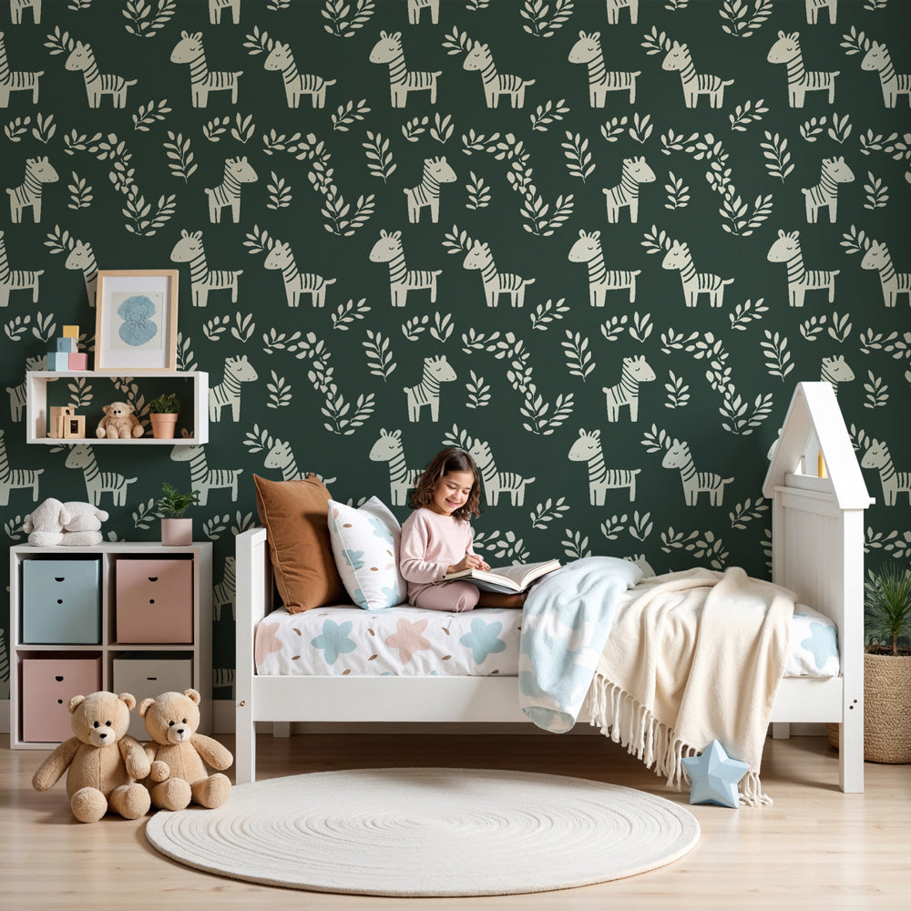 Zebra mural wallpaper in modern kids bedroom with green safari theme by Kids-Mundo