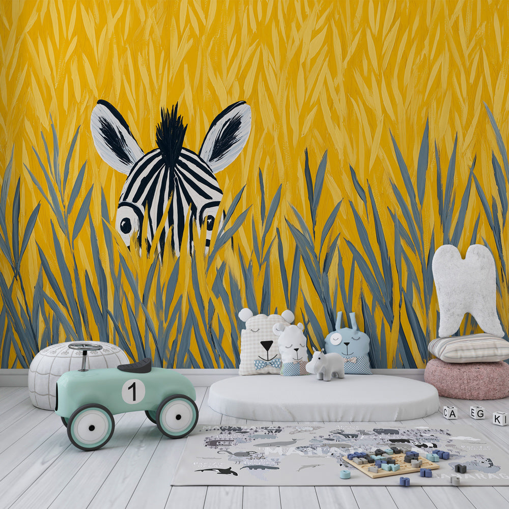 Hidden zebra safari animal mural wallpaper in bright yellow kids bedroom setting