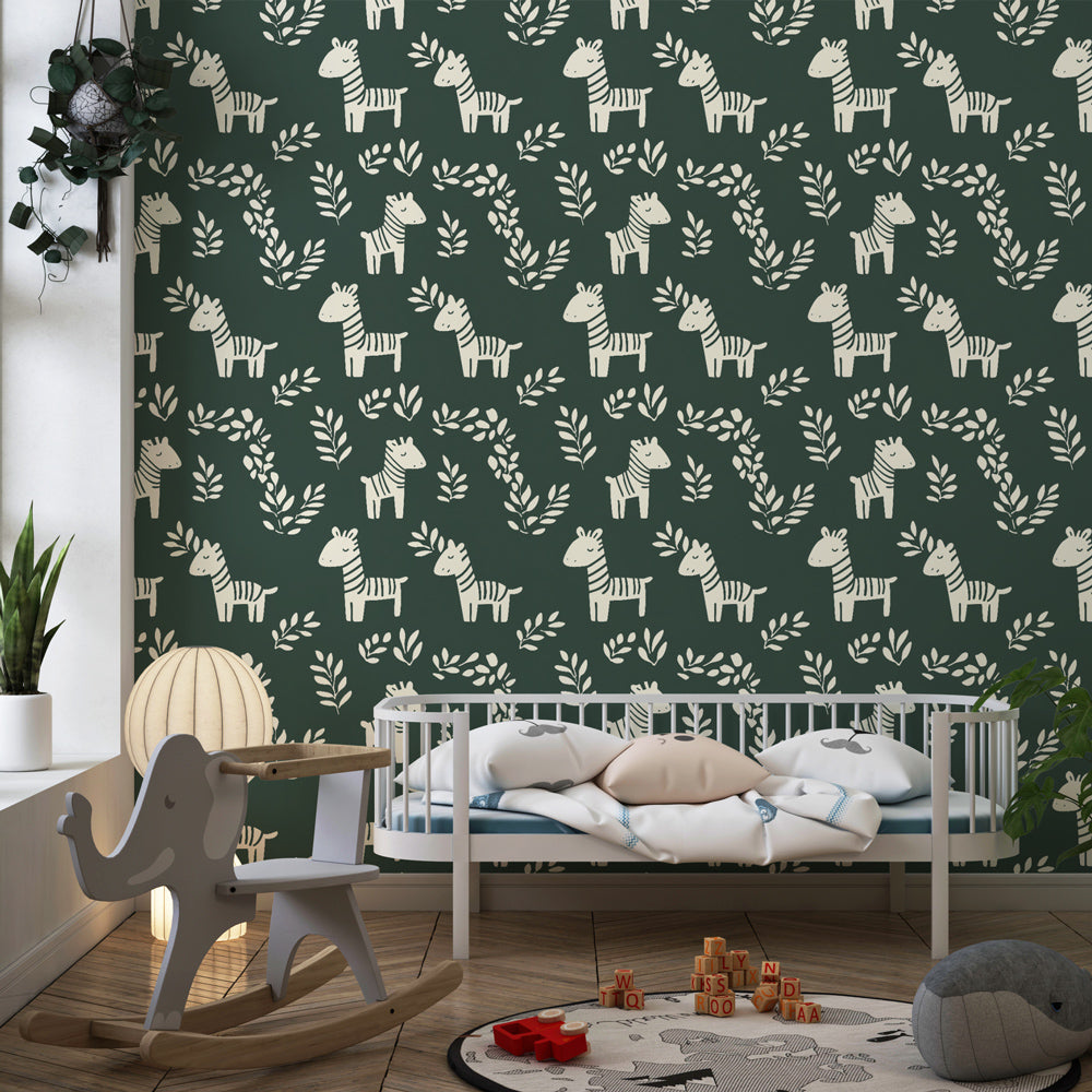 Green zebra safari mural wallpaper creating calming nursery atmosphere with natural decor