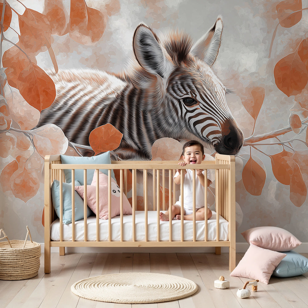 Little zebra mural wallpaper creating peaceful safari nursery decor with botanical leaves by Kids-Mundo