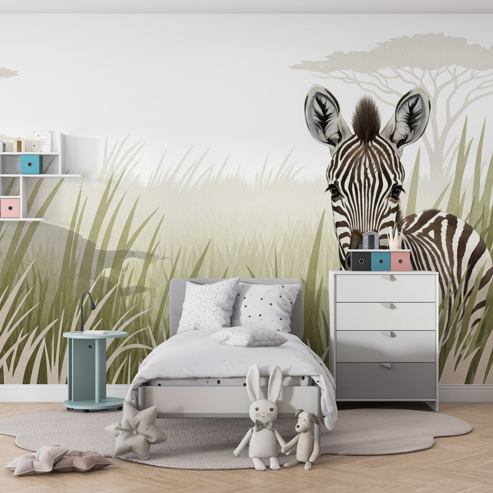 Safari zebra wallpaper creating adventurous children's bedroom with earth tone decor