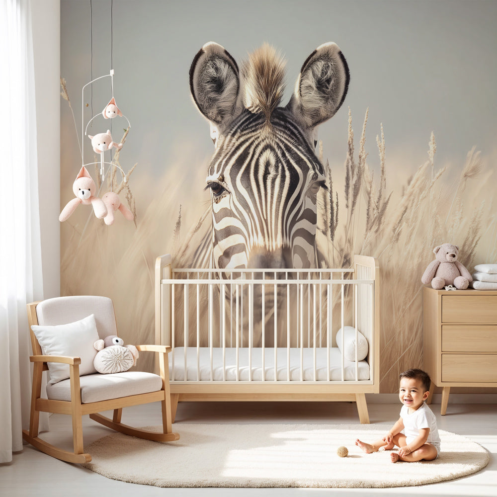 Zebra safari mural wallpaper in modern nursery with natural wood crib by Kids-Mundo