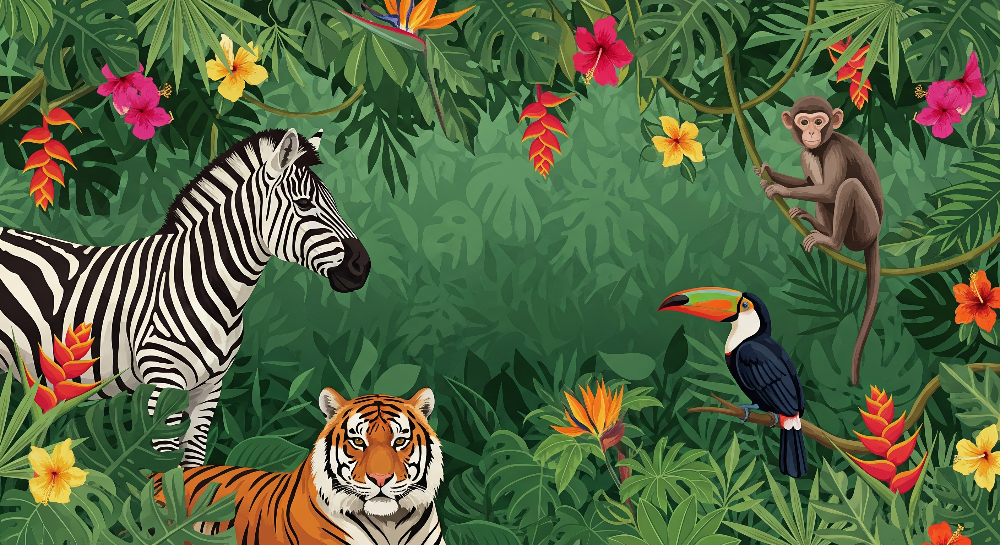 Kids-Mundo flat artwork preview of the zebra, tiger, toucan and monkey jungle mural design.