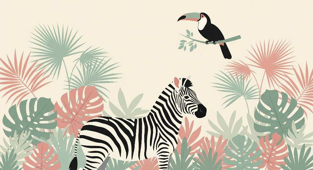 Kids-Mundo flat artwork of the zebra and toucan tropical wall mural design in blush and sage tones.